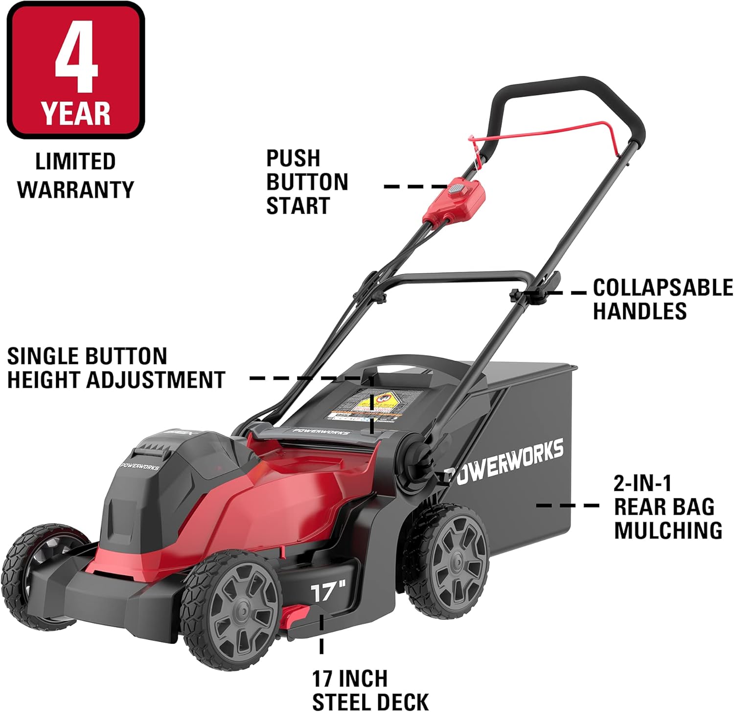 Powerworks 40V 17 inch Cordless Lawn Mower with 4.0 Ah Battery and Charger Included