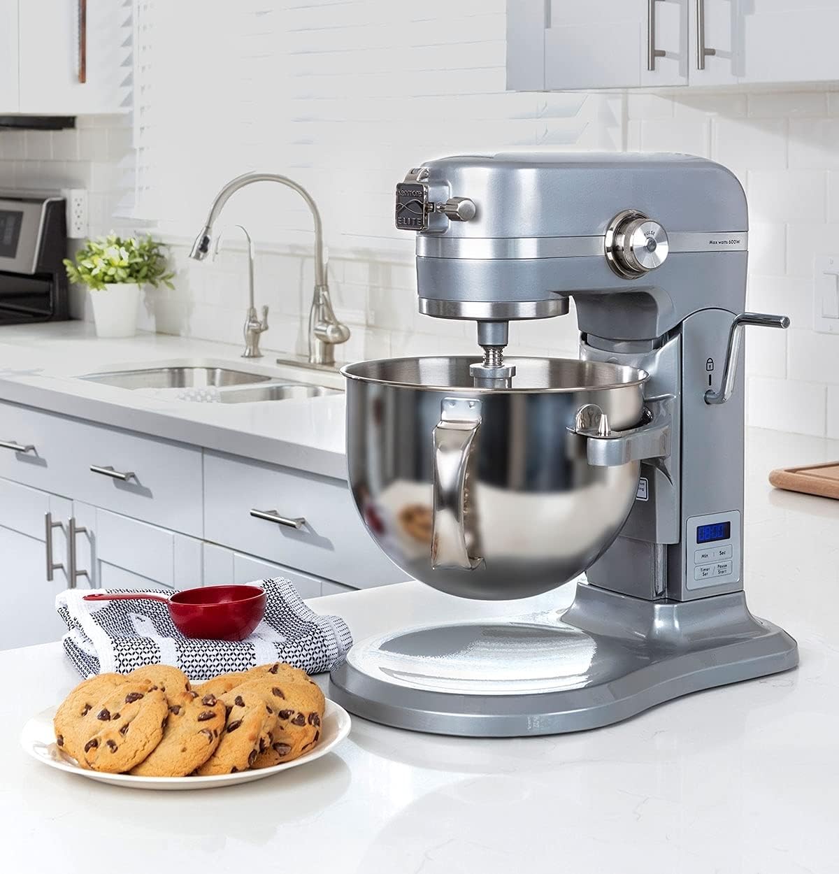 Kenmore Elite Heavy-Duty 6 Qt Bowl-Lift Stand Mixer, 600 Watts, with Flat Beater, Wire Whisk, Dough Hook, Stainless Steel Bowls, LED Light, Digital Countdown Timer, Metallic Grey