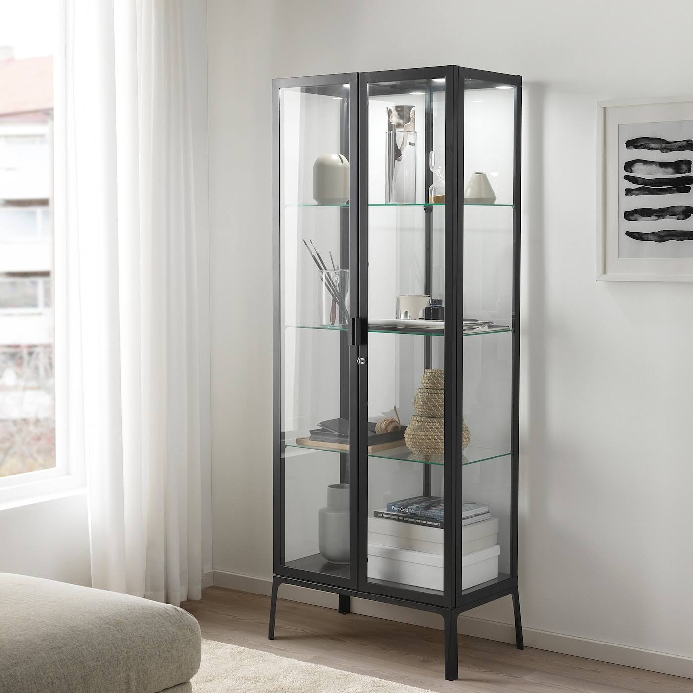 IKEA - MILSBO Glass-Door Cabinet, Anthracite, 28 3/4x68 7/8