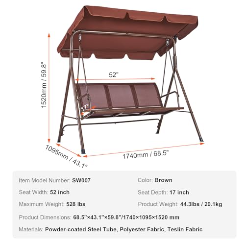 VEVOR 3-Seat Patio Swing Chair, Converting Canopy Swing, Outdoor Patio Porch with Adjustable Canopy, Removable Thick Cushion and Alloy Steel Frame, for Balcony, Backyard, Poolside, Brown