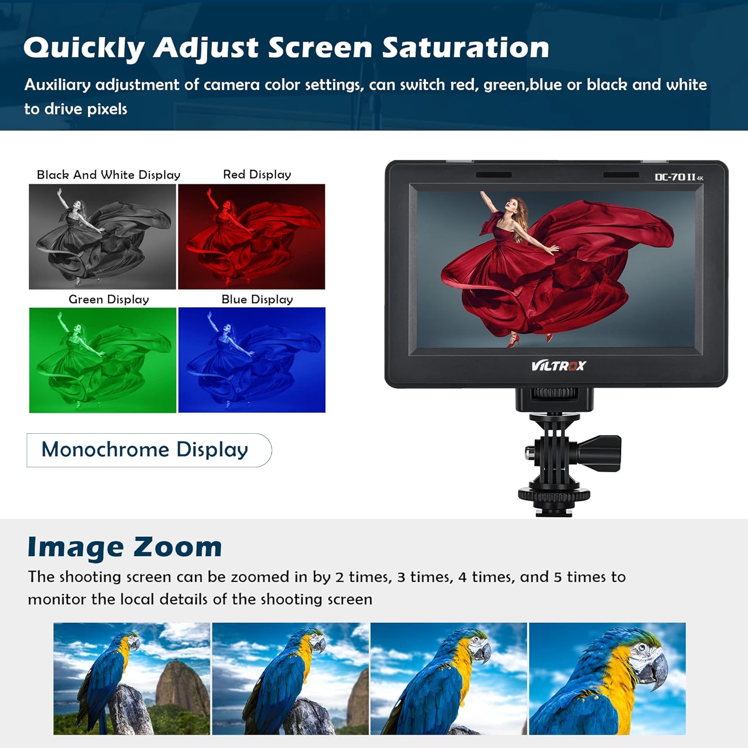 VILTROX DC-70 II 7 inch Camera Video Monitor, 4K Camera Field Monitor Kit with HDMI AV Input/Output for Canon Nikon Sony DSLR Camera, Peaking Focus Assist Video Monitor with Sunshade Hood/Battery