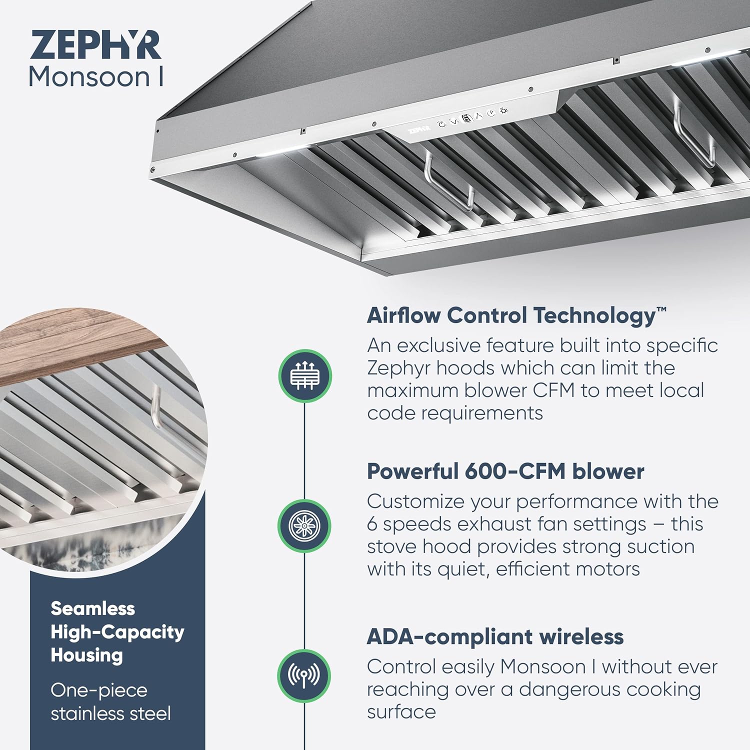 Zephyr 36 inch Essentials Power Monsoon I Ducted/Ductless Built In/Insert Range Hood - 600 CFM Powerful Kitchen Cabinet Vent Hood - Airflow Control and Stainless Steel Filter, LED Lights AK9234BS