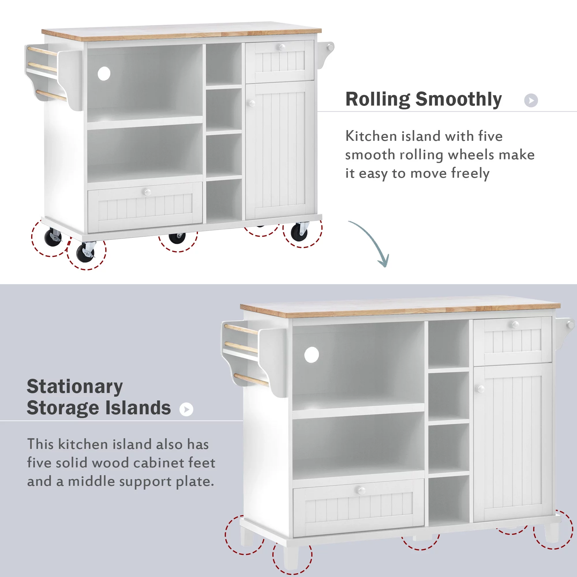 DEALTOPS Kitchen Island Cart with Storage Cabinet and Two Locking Wheels,Solid Wood Desktop,Microwave Cabinet,Floor Standing Buffet Server Sideboard for Kitchen Room,Dining Room,Bathroom-White - Curated Treasures Market
