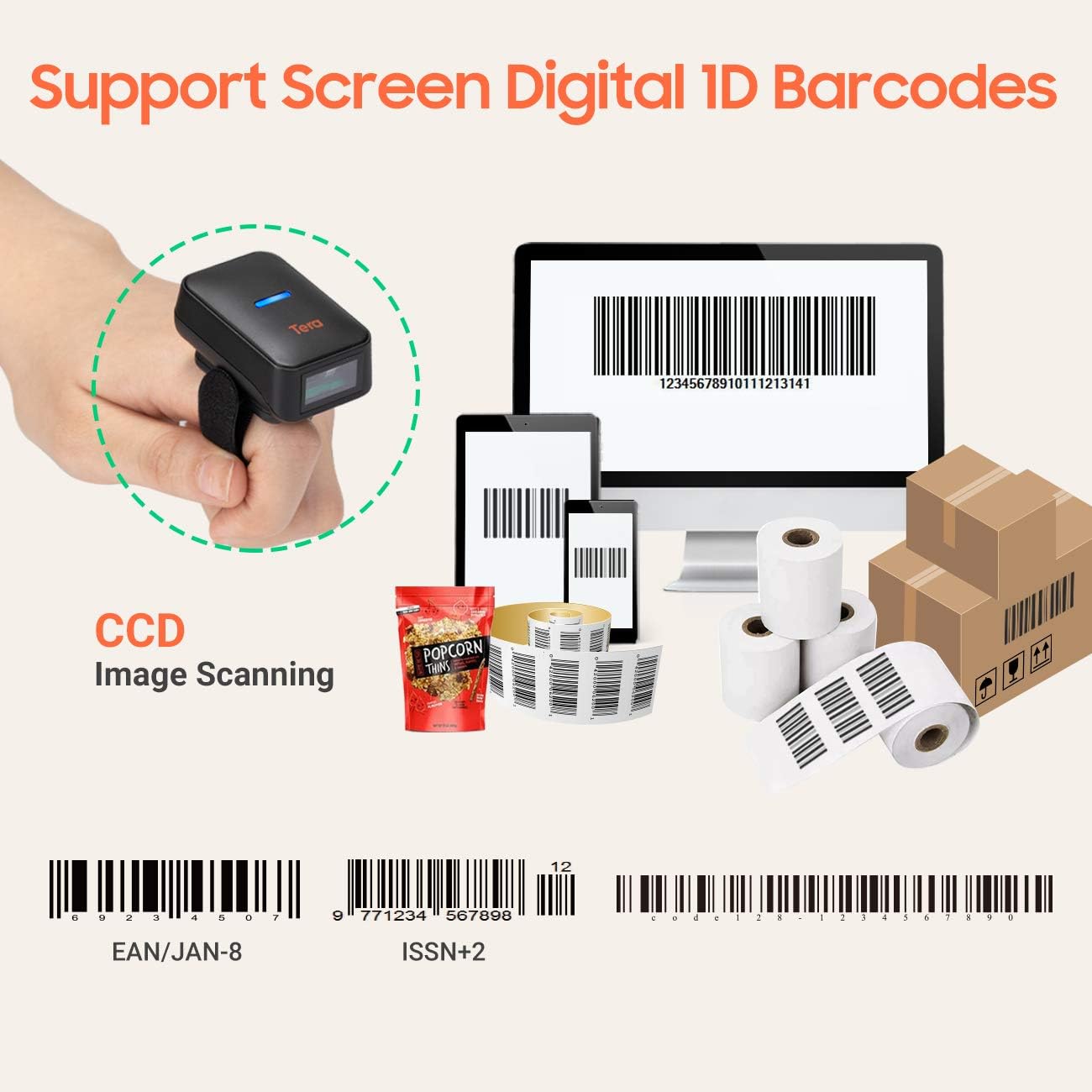 Tera Wireless Barcode Scanner Compatible with Bluetooth, Printed Digital 1D Barcode Reader Scanner Mini Wearable for Windows, Mac OS, Android with Vibration Alert Model HW0011