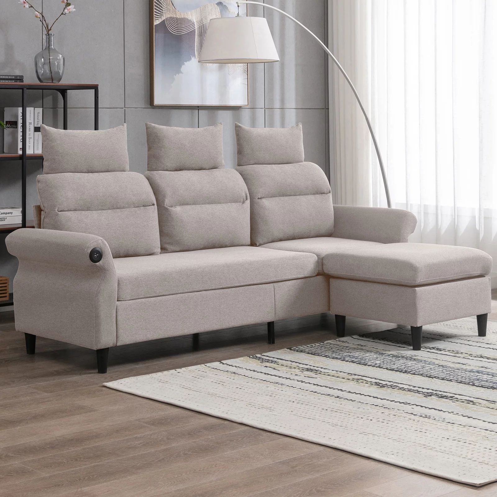 Mjkone L-Shaped Couch with Storage Ottoman and 2 USB Ports, Convertible Sectional Sofa Couch with Adjustable Armrest, Living Room Furniture Suitable for Apartment/Living Room,Beige