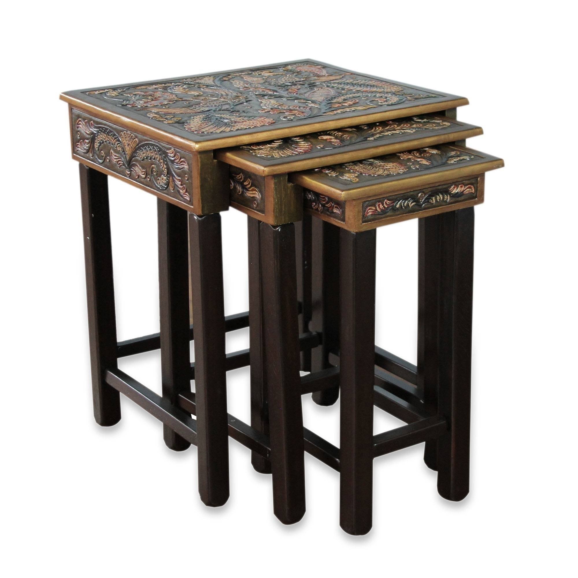 NOVICA Artisan Crafted Tooled Leather Wood Side Table (Set of 3)