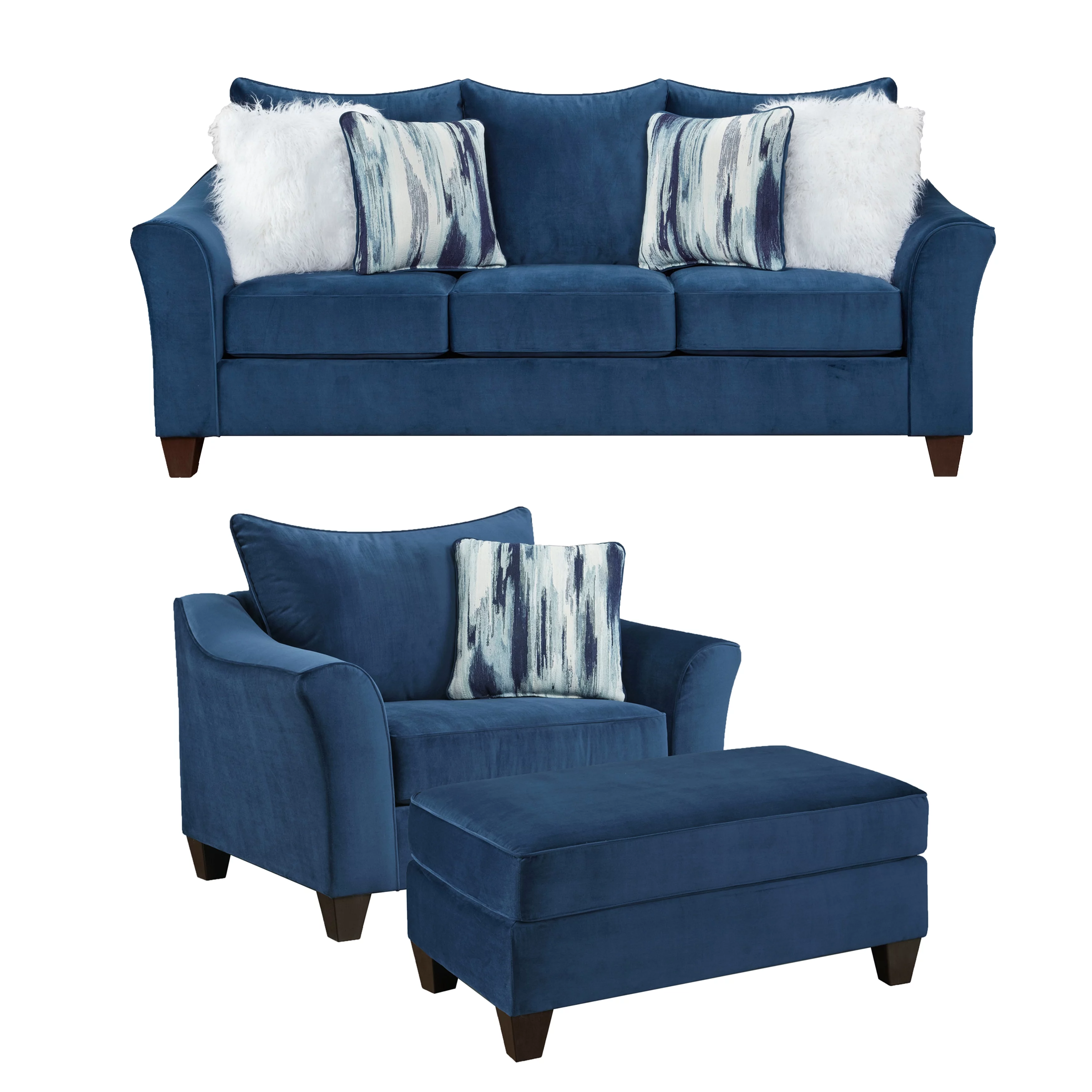 Roundhill Furniture Camero Pillowback 3-Piece Sofa Set, Fabric, Navy Blue