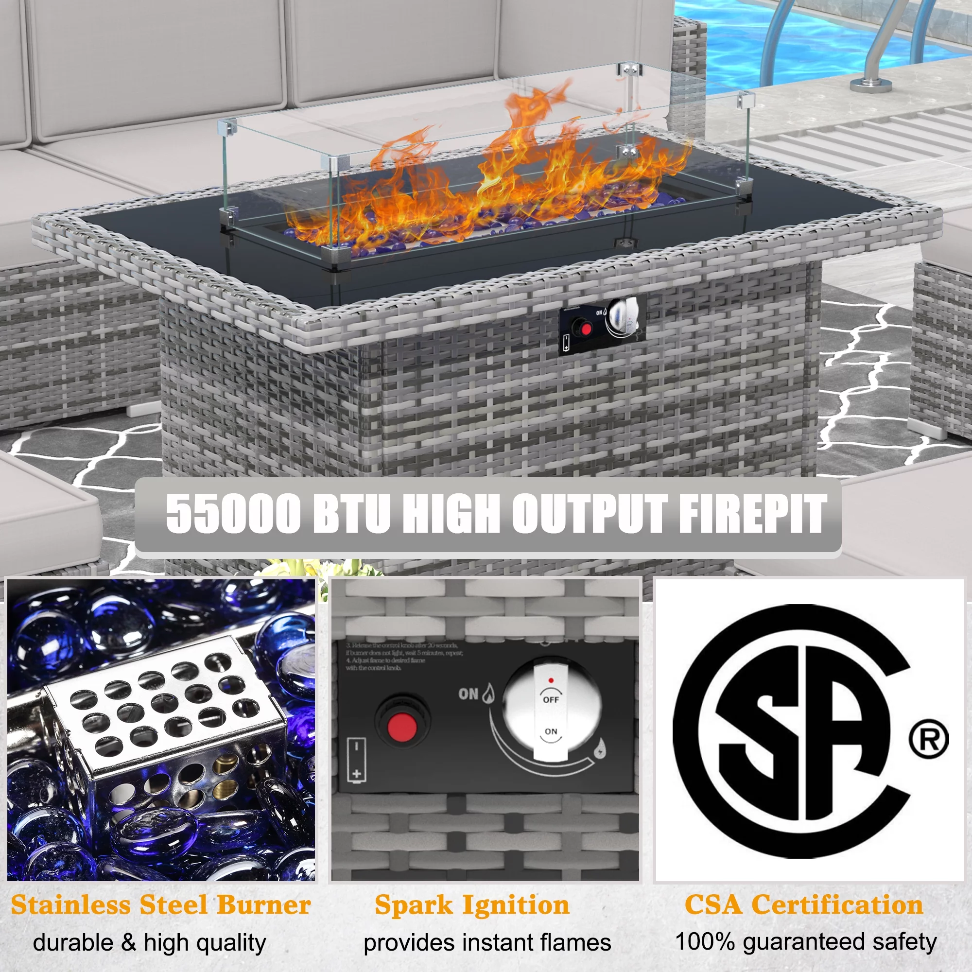 8 Piece Patio Furniture Set with 44" Propane Gas Fire Pit Table, Outdoor Sectional Conversation Set Wicker Rattan Sofa Set with Coffee Table