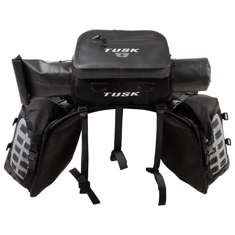 Tusk Highland X2 Rackless Luggage System w/Small Dry Duffel Tail Bag Standard Heat Shield For Suzuki DR350SE 1994-1999