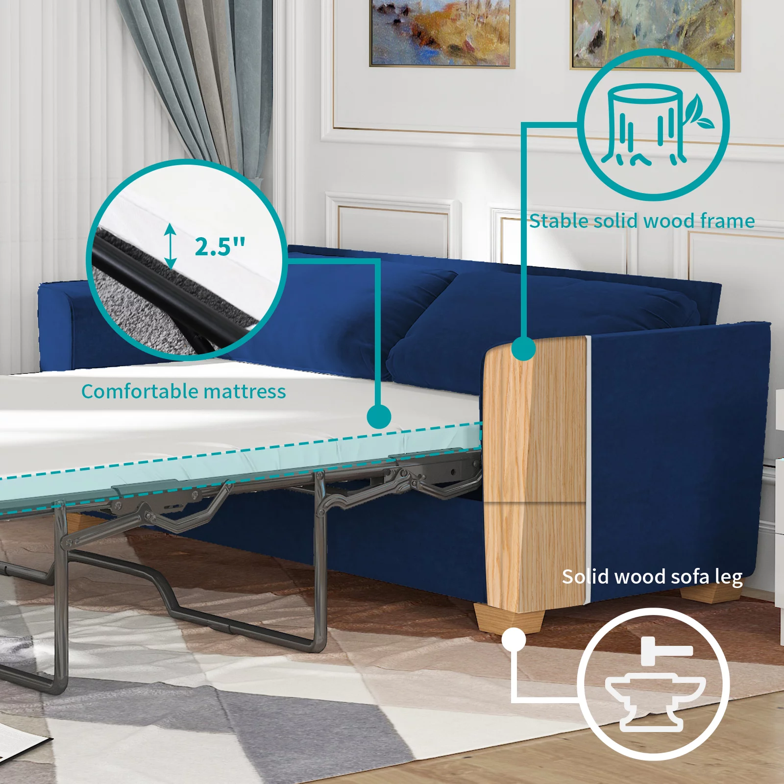 MUZZ Full Size Pull Out Sofa Bed, Velvet Sofa Couvh with Pull Out Bed, Sleeper Sofa Couch with Foam Mattress, 2-in-1 Sleeper Couch Bed for Living Room/Apartment/Small Spaces (Blue)