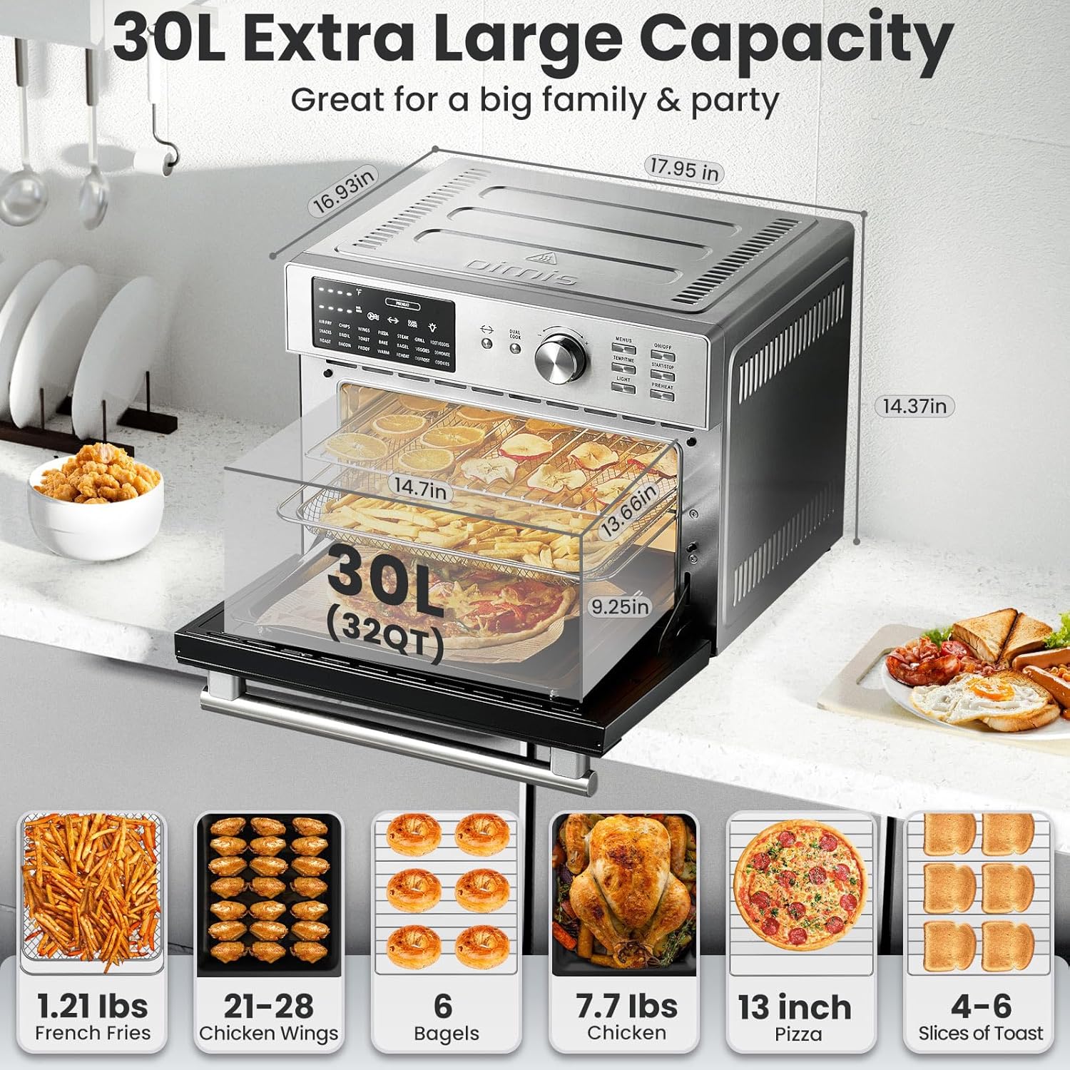 Smart Toaster Oven Air Fryer Combo, 21-in-1 XL Air Fryer Stainless Steel, 32QT Convection Oven Countertop with Toast, Air Fry, Rotisserie, Dehydrate and Grill. 6 Accessories, Recipes,1800W