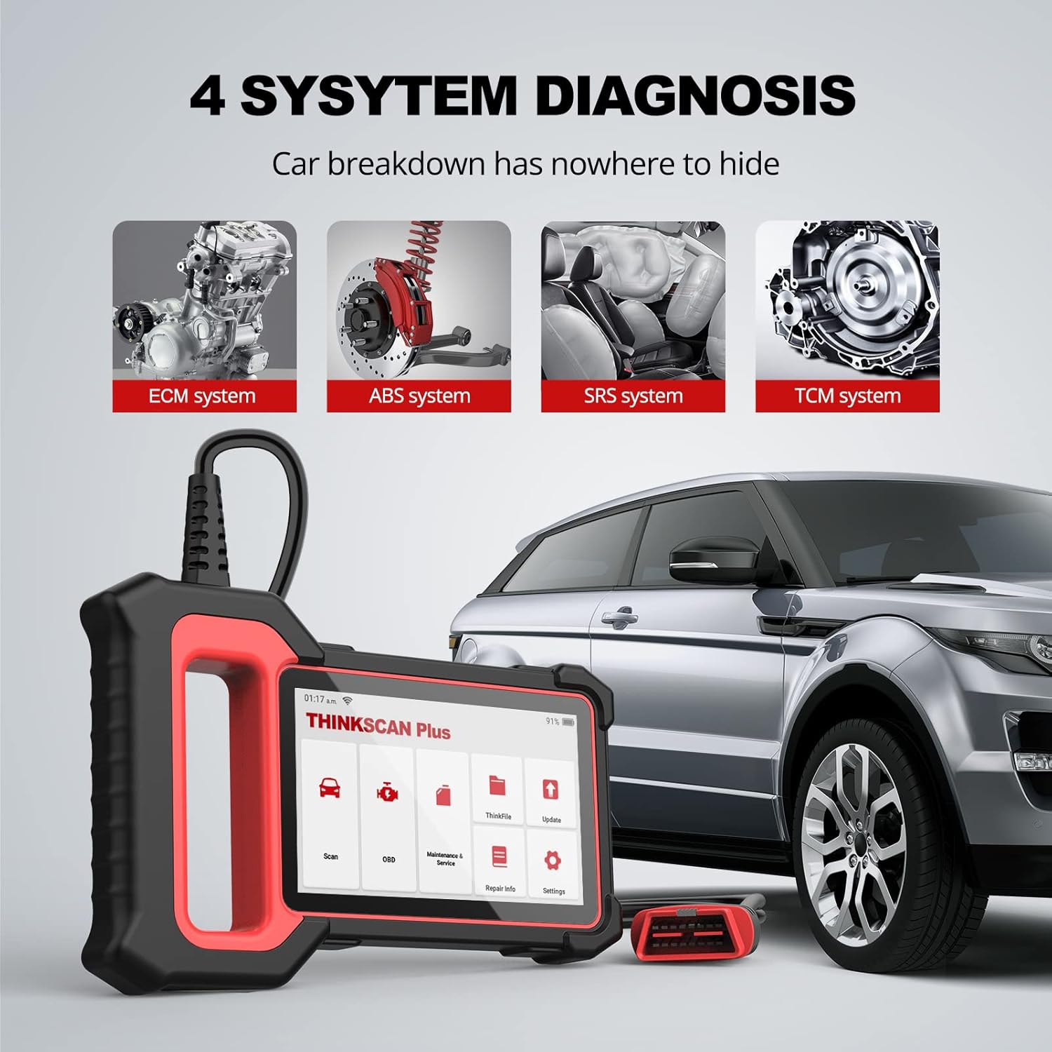 THINKCAR Car Scanner ThinkScan Plus S5 OBD2 Scanner, 4 System Diagnosis ABS SRS ECM TCM Code Reader Diagnostic Scan Tool with Lifetime Free Update, Car Diagnostic Scanner for All Cars [2022 Newest]