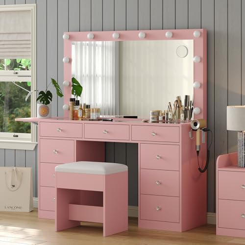 Vanity Desk with Power Outlet, 9 Drawers Makeup Vanity with Mirror and 12 LED Lights, 3 Lighting Modes, Glass Top Vanity Set, Fold-up Panel, Dressing Table for Bedroom