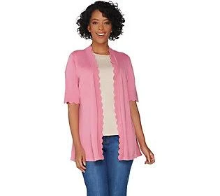 Isaac Mizrahi Live! Open Front Elbow Sleeve ScallopCardigan, Size Medium, Wild Rose