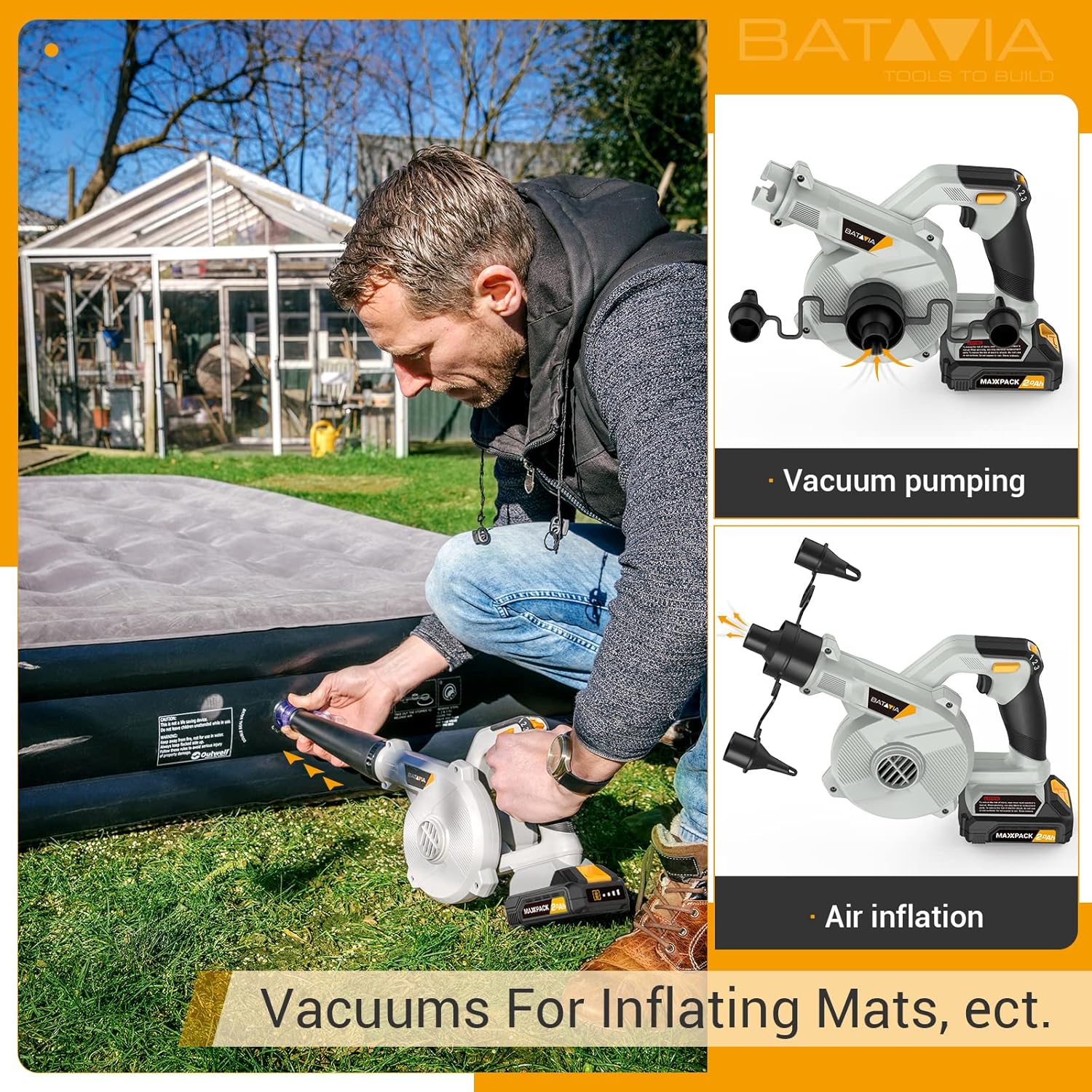 BATAVIA 20V Cordless Leaf Blower, [3 Speed/100CF/170MPH] Electric Leaf Blower & Vacuums w/ Charger & 2.0Ah Lithium Battery, 2 Section Tube, Leaf Sweeper for Leaves, Dust, Snow, Lawn, Patio, Yards