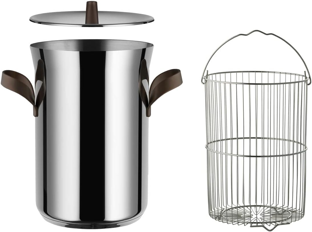 Alessi PU309 edo Asparagus steamer with basket and lid in 18/10 stainless steel. Handles in 18/10 stainless steel with PVD coating, brown. Magnetic steel bottom suitable for induction cooking.