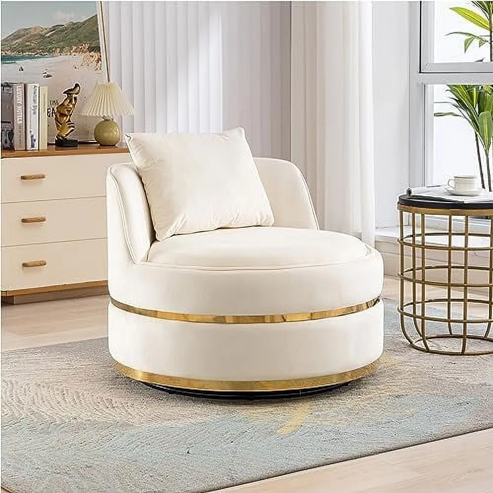 HOOMHIBIU Swivel Accent Chair - Velvet Boucle Round Barrel Chair with Pillow  Oversized Cozy Single Sofa for Living Room  Bedroom with  Degree Rotation and Sturdy Stainless Steel Base (Wh