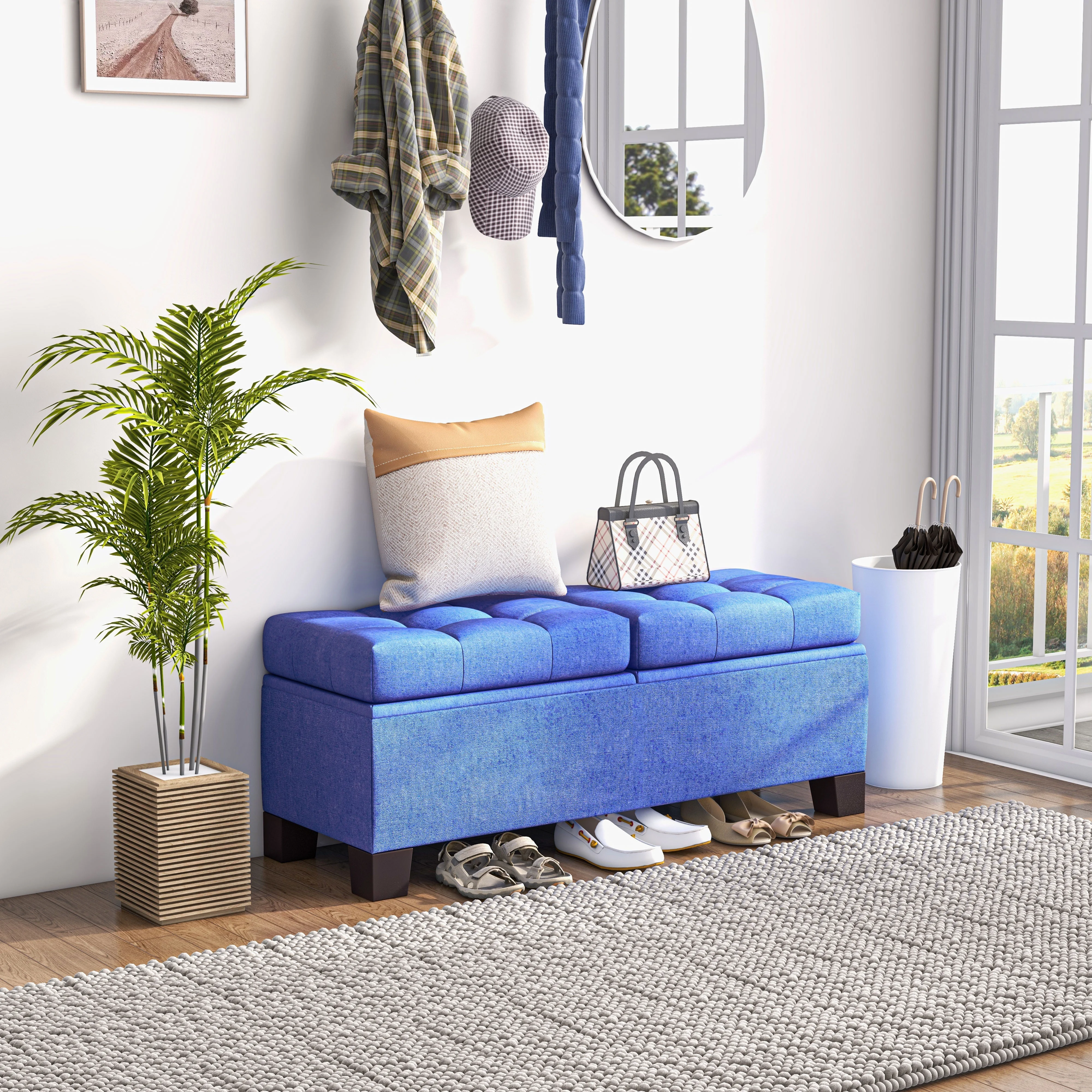 HOMCOM Storage End of Bed Bench, Upholstered Bench with Steel Frame, Blue