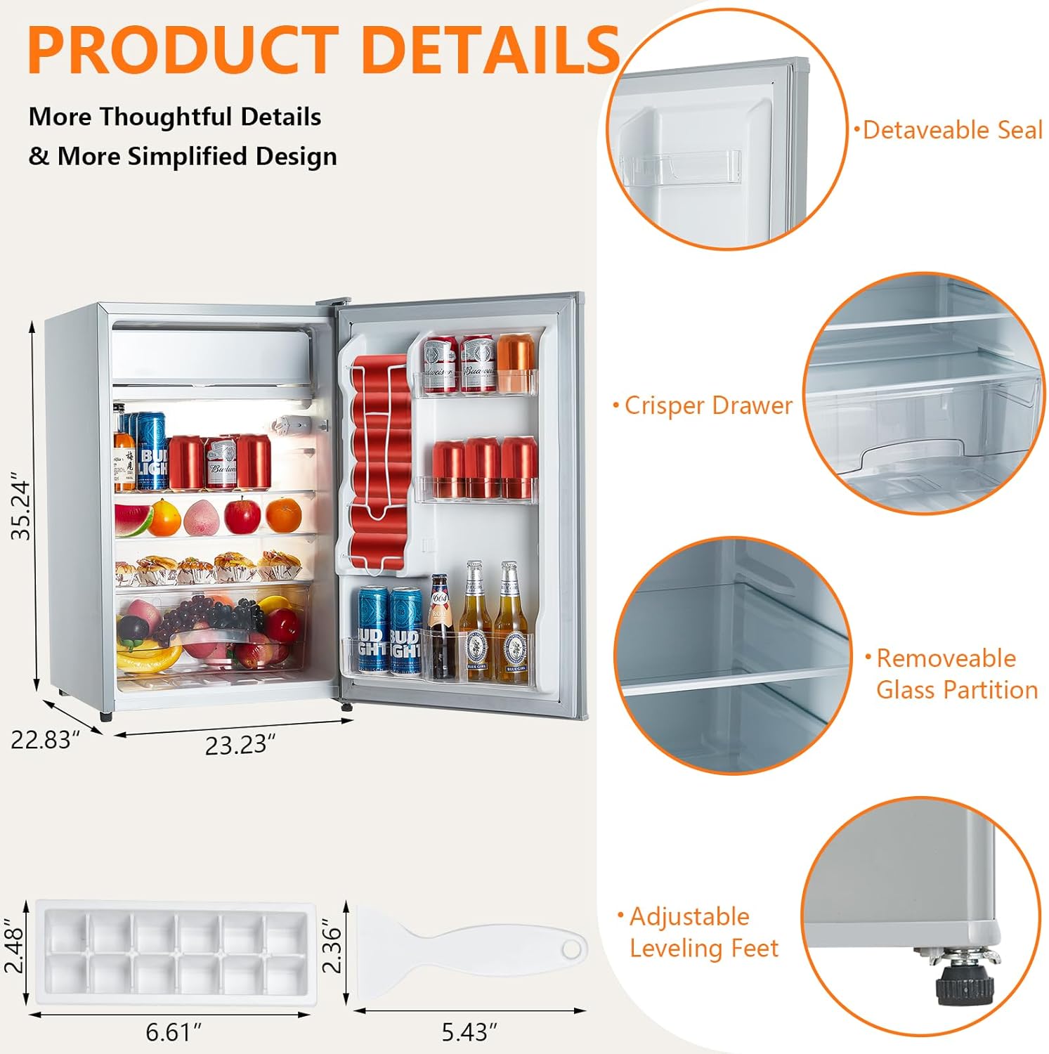 Mini Refrigerator with Freezer, 4.3 Cu.Ft. Compact Refrigerator, 7 Settings Temperature Adjustable, Removable Glass Shelves Dorm Fridge for Garage,Bedroom, Office, Apartment, Grey