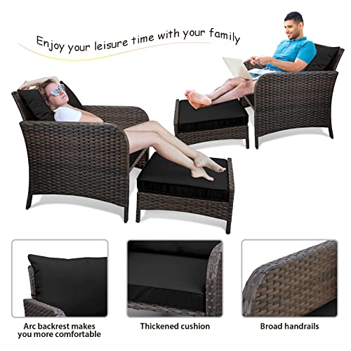 LEVELEVE Balcony Furniture 5 Piece Patio Conversation Set, PE Wicker Rattan Outdoor Lounge Chairs with Soft Cushions 2 Ottoman&Glass Table for Porch, Lawn-Brown Wicker