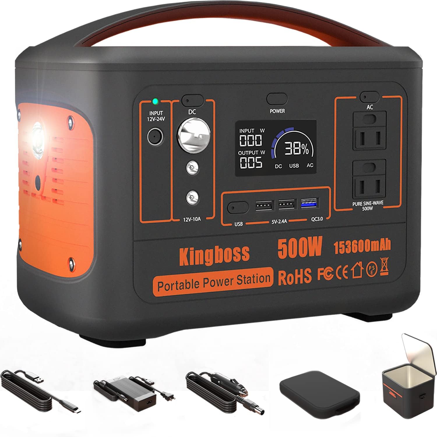 Portable Power Station 500W Kingboss, 568WH 153600mAh Outdoor Solar Generator Backup Lithium Battery with 110V/500W (Peak 1000W) AC Outlet, 2* DC, Carport, 2*USB-C, QC USB 3.0 for Camping, Powerbank