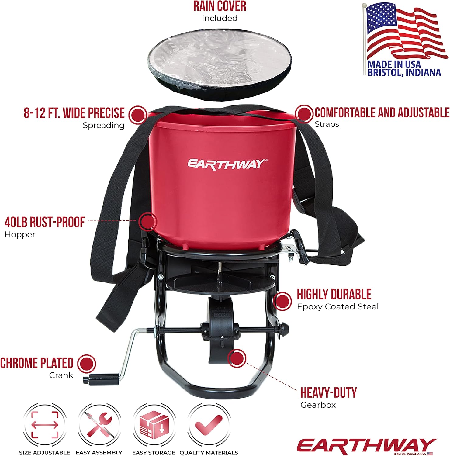 EarthWay 3100 Professional 40 LB Portable Chest Mount Hand Crank Broadcast Spreader Including Even Spread Technology, Comfortable & Adjustable Harness Strap and Rain Cover