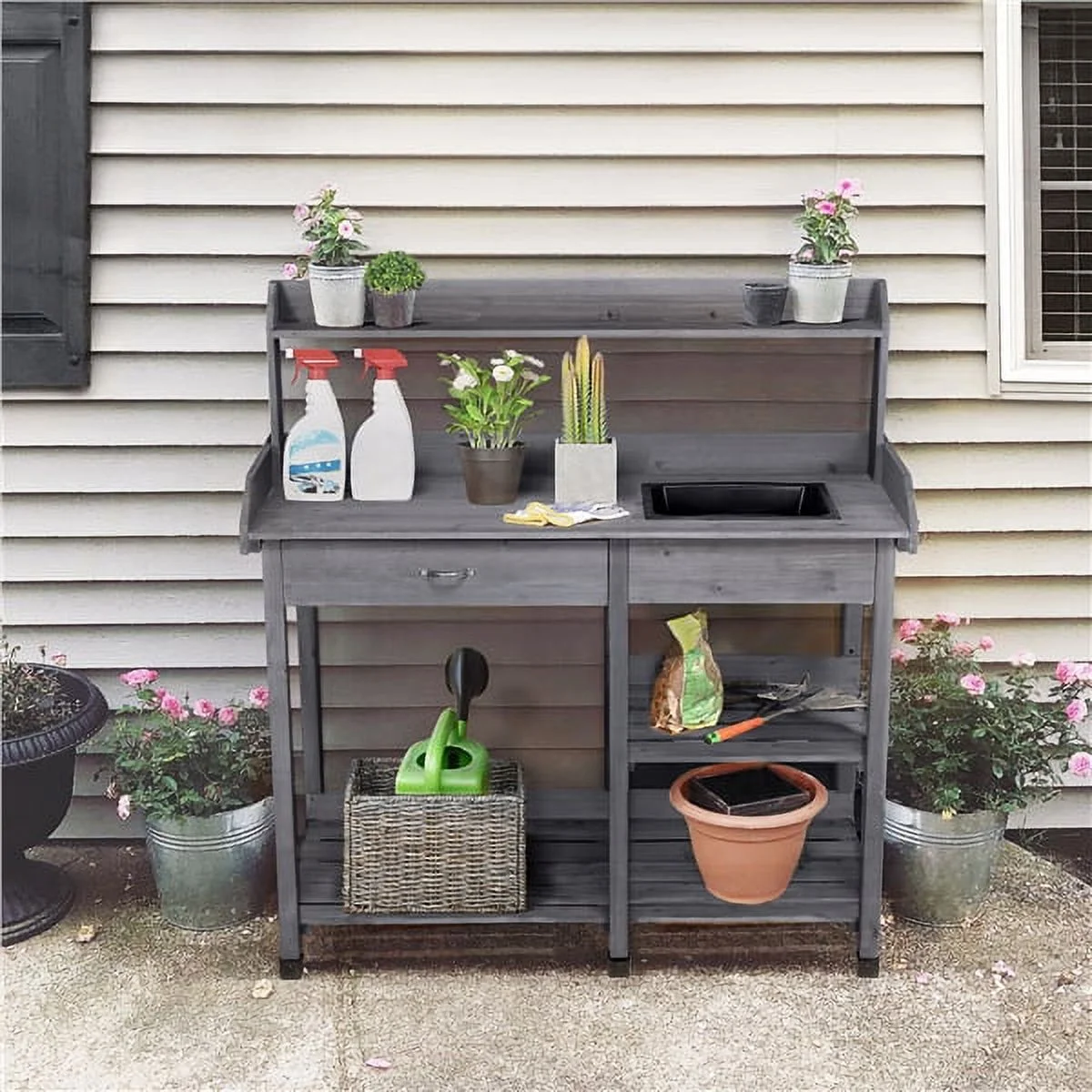 SmileMart Wooden Garden Potting Bench Work Bench Station Planting Bench with Sink Drawer Rack