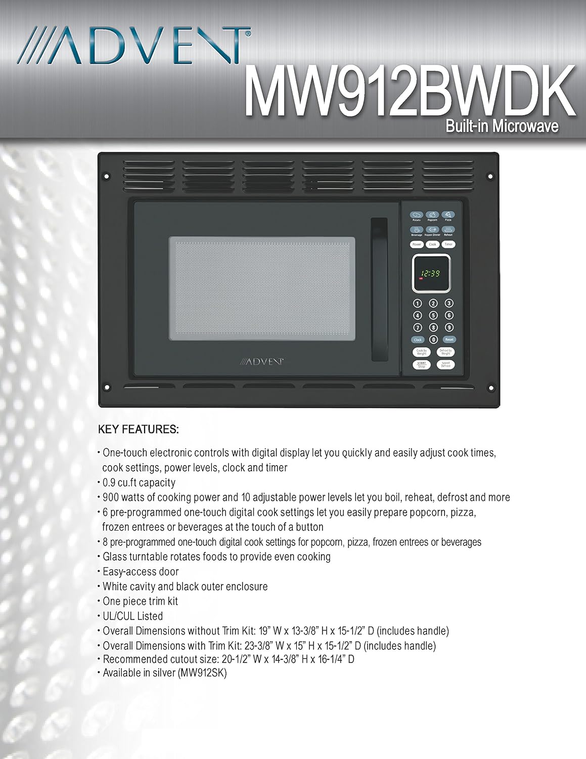 Advent MW912BWDK Black Built-in Microwave Oven with Wide Trim Kit PMWTRIM, Specially Built for RV Recreational Vehicle, Trailer, Camper, Motor Homes; 0.9 CuFt capacity; 900 watts Cooking Power; 10 Adj