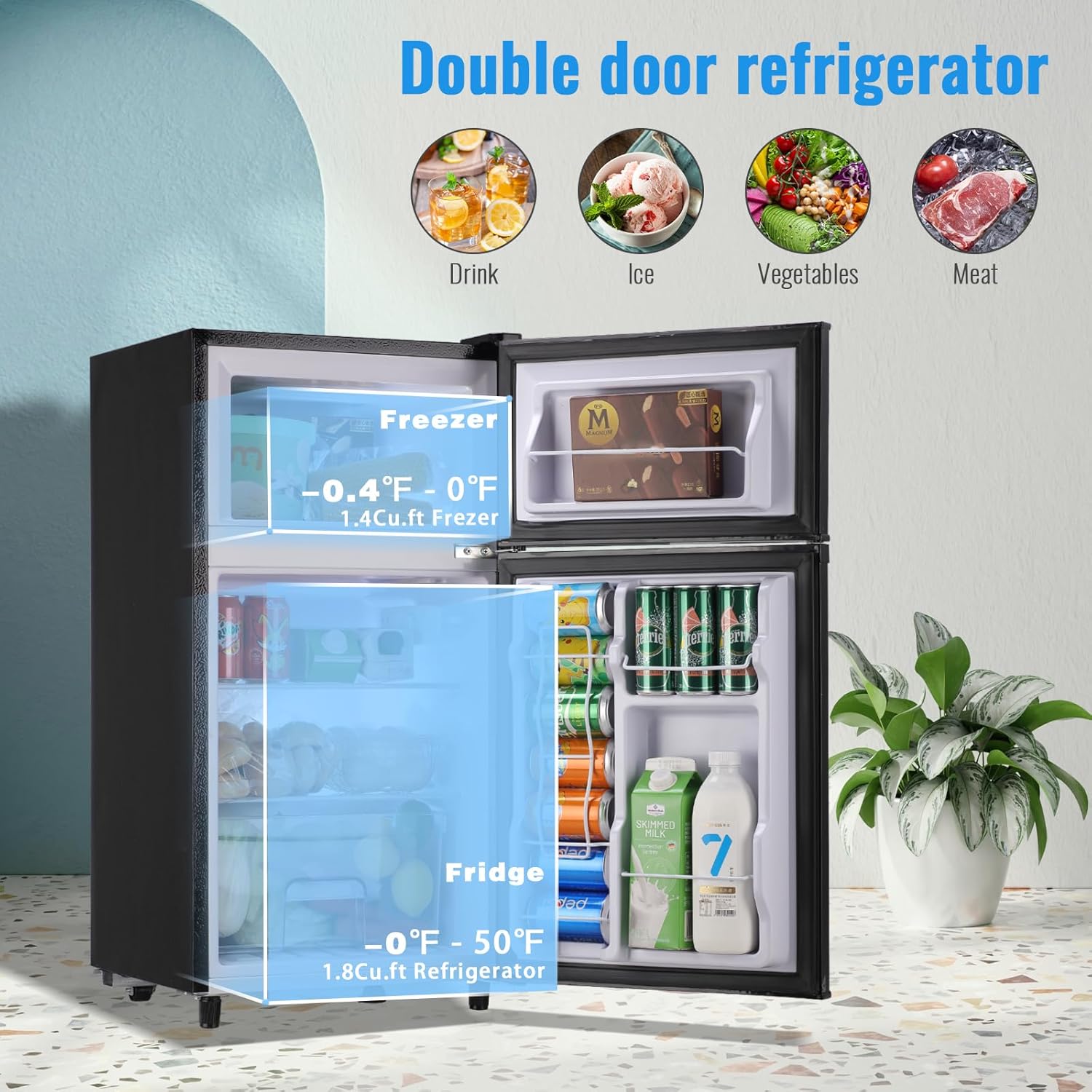 WANAI Compact Refrigerator, Retro Mini fridge with Freezer for Bedroom, Drom, Apartment, Garage, Office, 2 doors Small Refrigerator with Adjustable Thermostat, Low Noise, 3.2 Cu.Ft (Black)