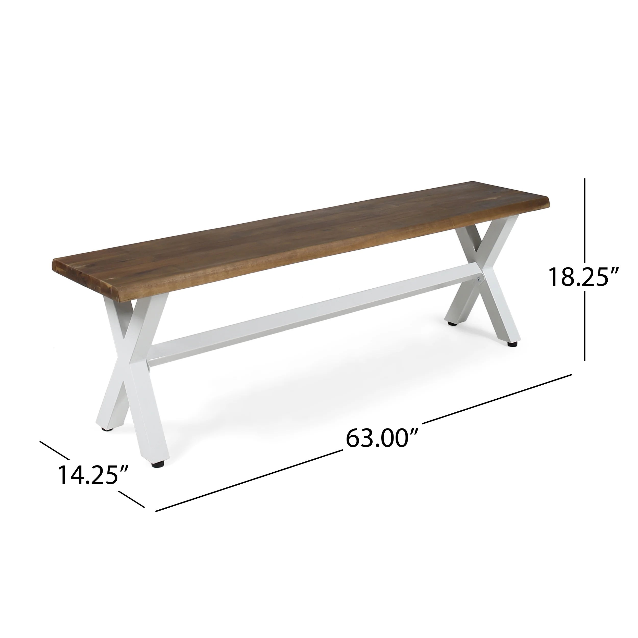 Cassie Outdoor Acacia Wood Dining Bench with Iron Legs, Dark Oak and White Rustic Metal