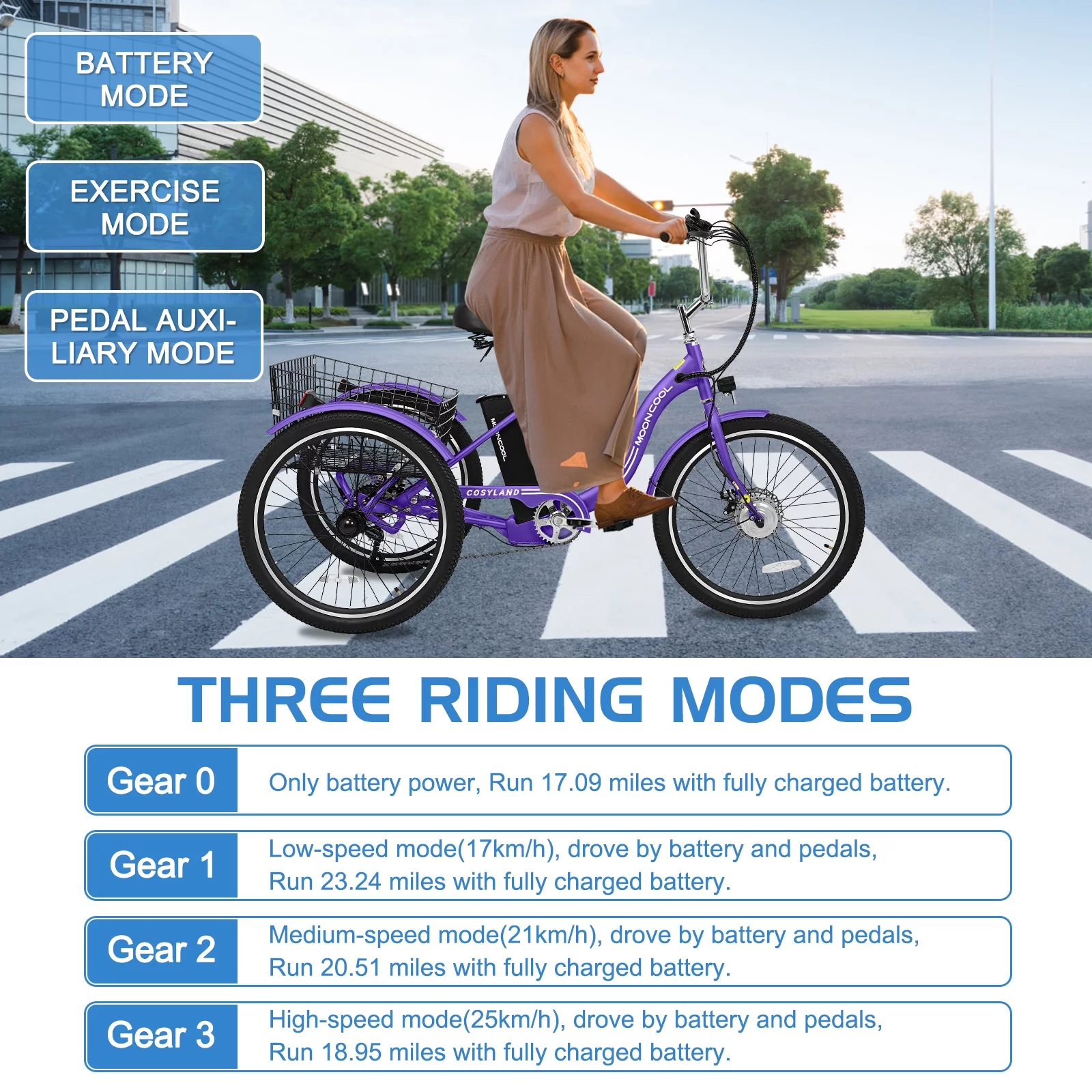 Docred 24'' Adult Electric Tricycles 3 Wheel Electric Bike, 15.5 mph 500W Electric Trikes for Seniors，7-Speed & 4 Adjustable Riding Modes Electric Tricycle with 36V Removable Lithium Battery