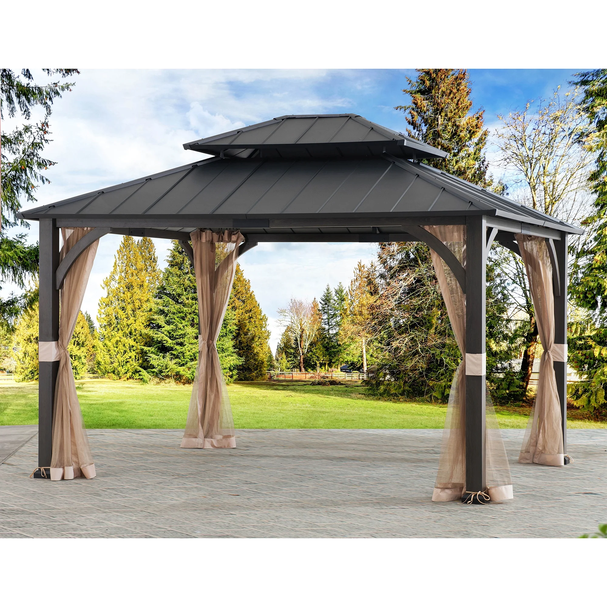 Sunjoy 13x15x10.4 Churchill Hard Top 2-Tier Metal Gazebo With Netting - Curated Treasures Market