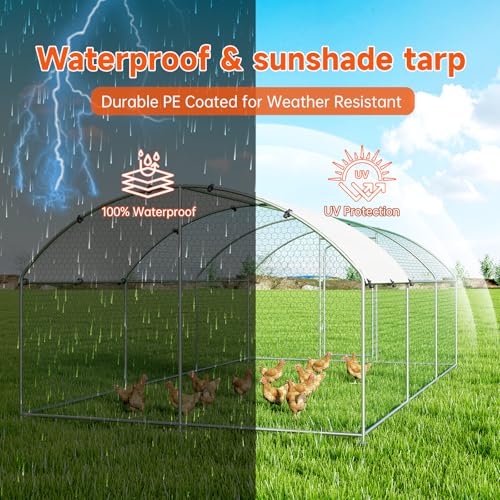 Large Metal Chicken Coop, Chicken Run Poultry Cage Hen with Water-Resident and Anti-UV Cover for Duck Rabbit House Outdoor Walk-in Chicken Pen for Yard, Dome Roof(10’ W x 19.7’ L x 6.4’ H)