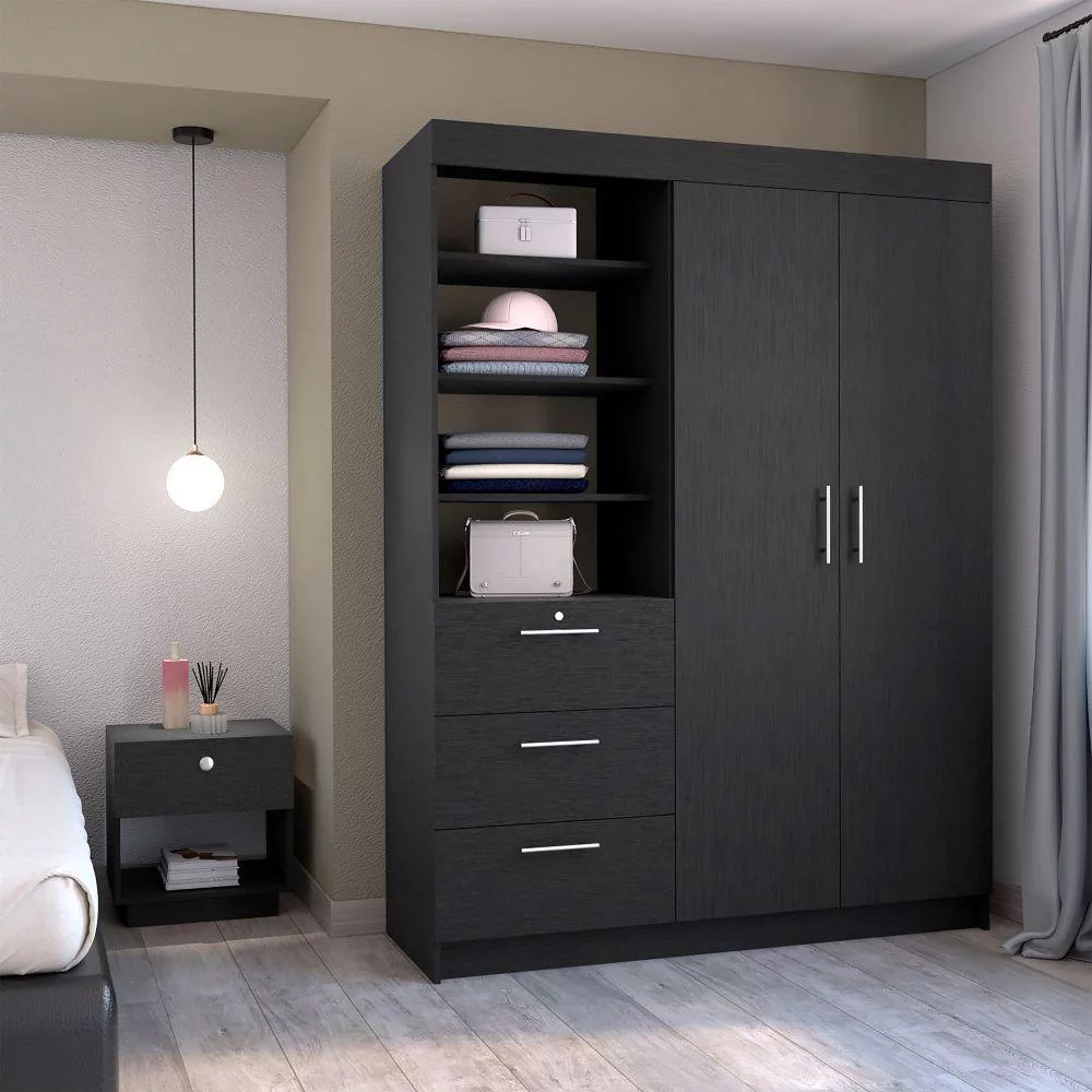 We Have Furniture Peyton 2 Piece Bedroom Set, Armoire + Nightstand, Black Wengue Finish
