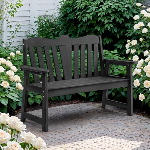 Outdoor Bench, 2-Person Weatherproof Garden Bench with Wide Armrests and Backrest, All-Weather Patio Bench Will not Rot and Fade for Garden, Porch, Backyard and Park, Easy Installation, Black