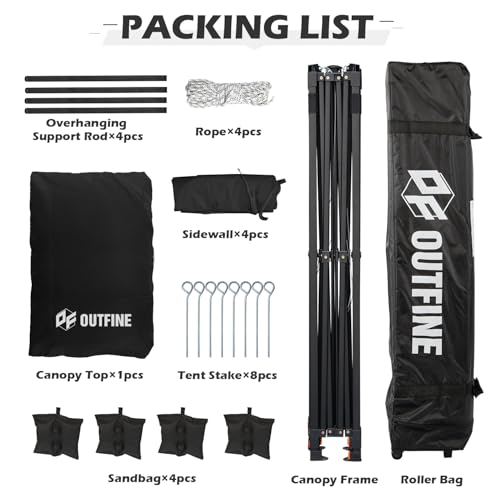 OUTFINE Heavy Duty Canopy 10x10 Pop Up Commercial Canopy Tent with 3 Side Walls Instant Shade, Bonus Upgrade Roller Bag, 4 Weight Bags, Stakes and Ropes (White, 10 * 10FT)