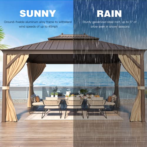 YOLENY 10' x 12' Hardtop Gazebo, Wood-Looking Gazebo with Galvanized Steel Double Roof, Aluminum Frame, Permanent Metal Pavilion with Netting and Curtains for Deck, Backyard, Patio and Lawns