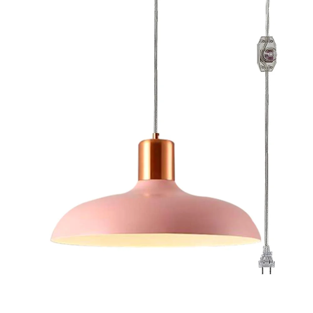 FSLiving No Wiring Needed Instant On Hanging Pendant Lamp with 15ft Plug-in UL Dimmable Cord Macaron Pink Lamp Iron Stoving Varnish Finished Lampshade Customizable,Bulb Sold Separately - 1 Light - Curated Treasures Market