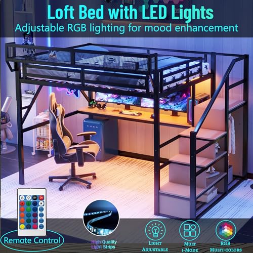 Full Size Loft Bed with Stairs and Storage, Metal Loft Bed Frame with Bedside Shelf and Large Under-Bed Space, Heavy-Duty Bed for Adults Teens and Kids, Black