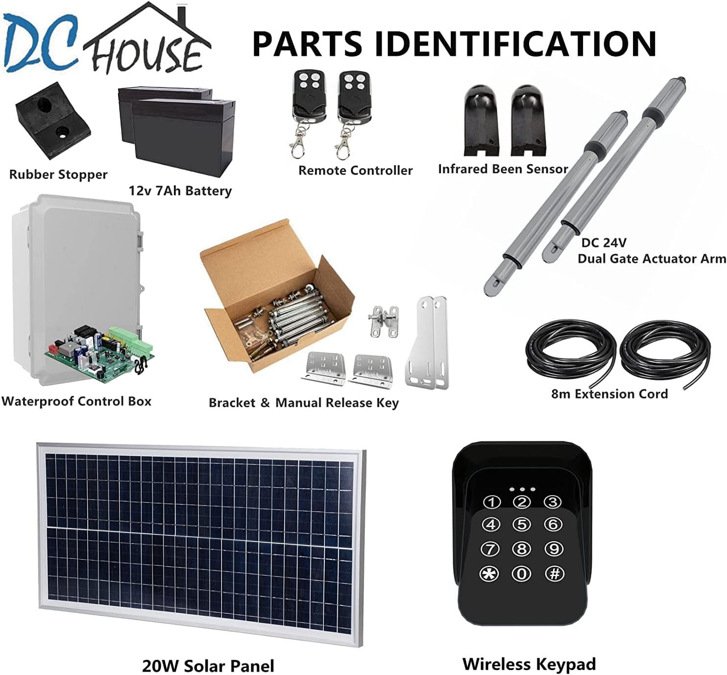 DC HOUSE 24V DC/AC Heavy-Duty Automatic Solar Dual Gate Opener Kit with Keypad + Car Sensor for Swing Gates Up to 16.4 Feet for Fences/Palisades/Agricultural/Driveway Gates | Subcontract Delivery