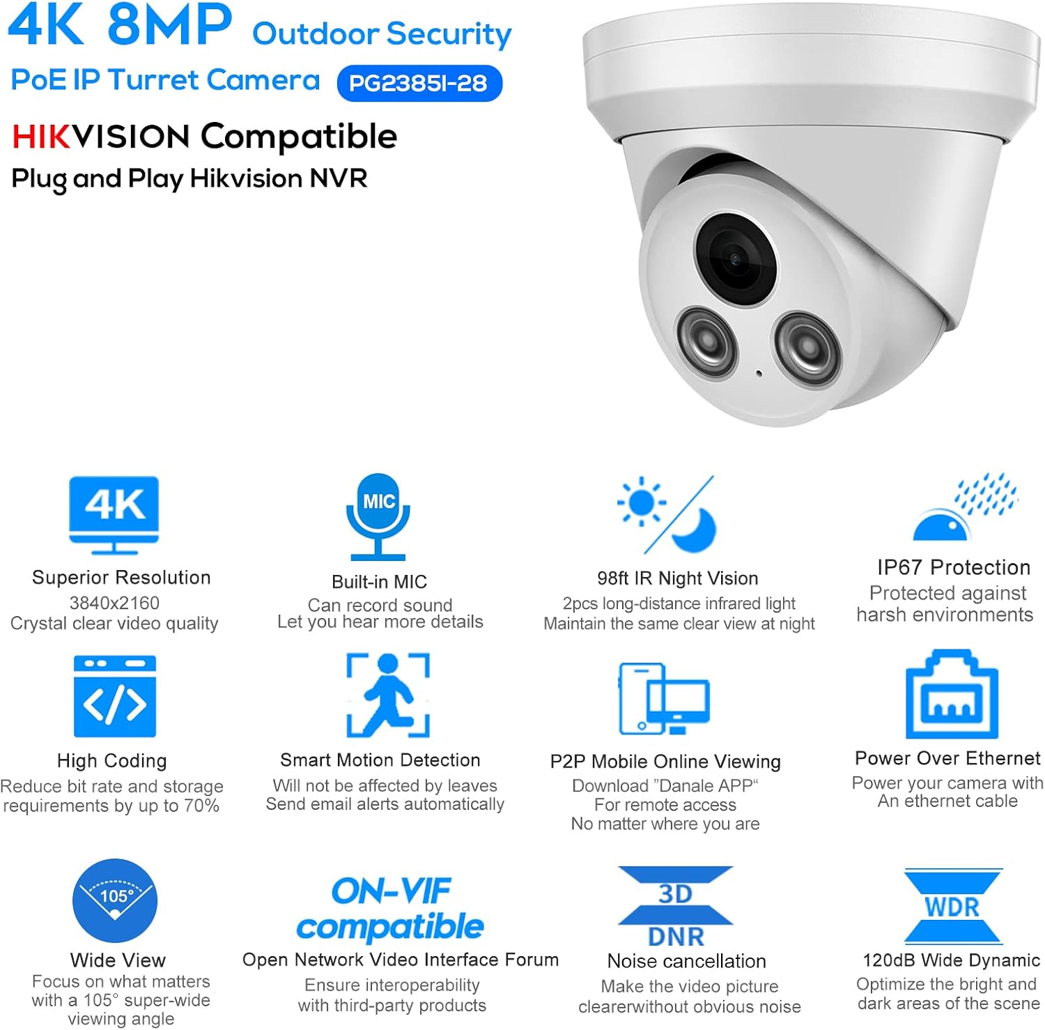 Compatible with Hikvision 8MP Security PoE IP Turret Camera with Built-in Mic,UltraHD 4K Outdoor CCTV Camera with 2.8mm Lens,98ft IR Night Vision and Motion Detection,WDR,IP67 Waterproof