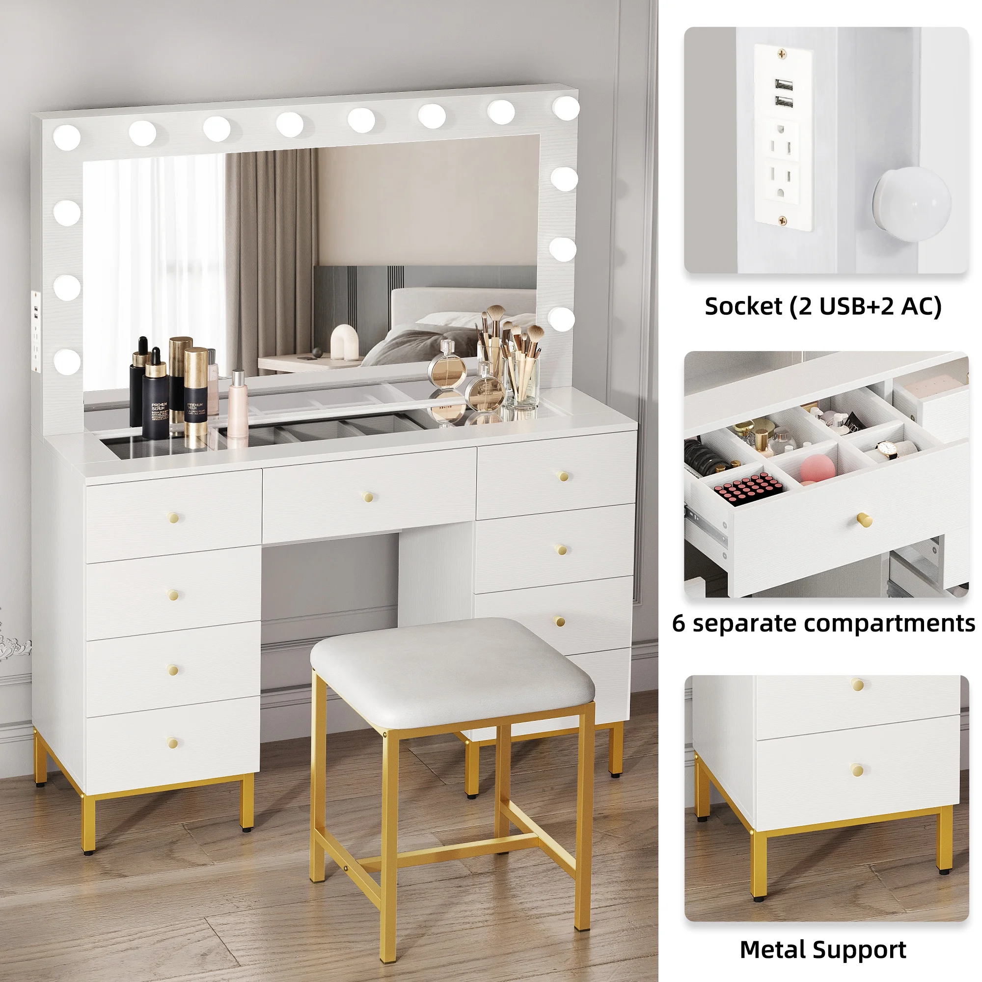 DWVO Vanity Table Set with 3 Color Lighted Mirror & Charging Station & Stool, Modern Makeup Vanity Dressing Table with 9 Drawers for Bedroom, Gold and White Vanity Desk for Women Girls