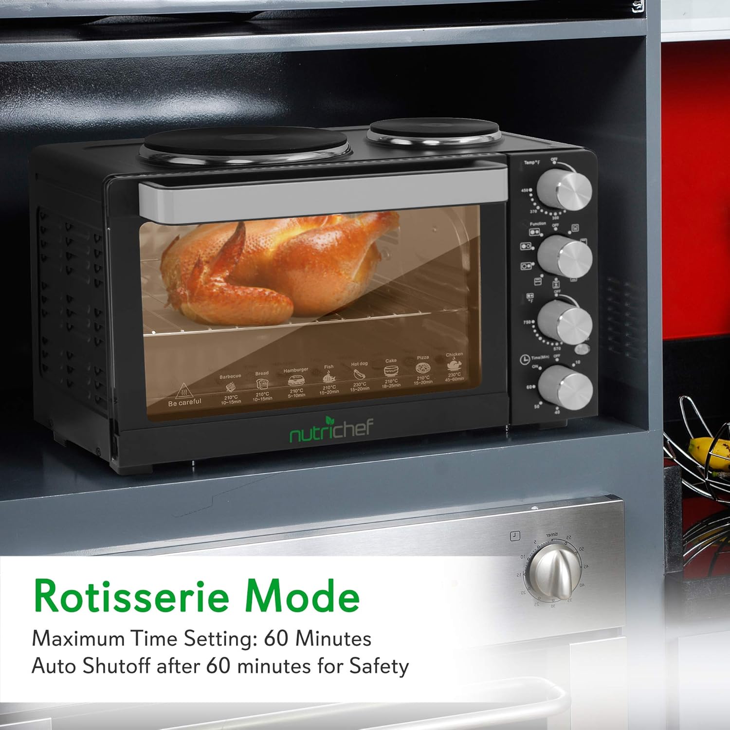 Nutrichef 30 Quart Kitchen Convection Oven & 2 Burner Cooker - 1500 Watt Oven - 7 Cook Functions Rotisserie, Cook, Bake, Broil & More - Includes Baking Tray, Skewers & Handles - 19.6 x 16.0 x 13.5 IN