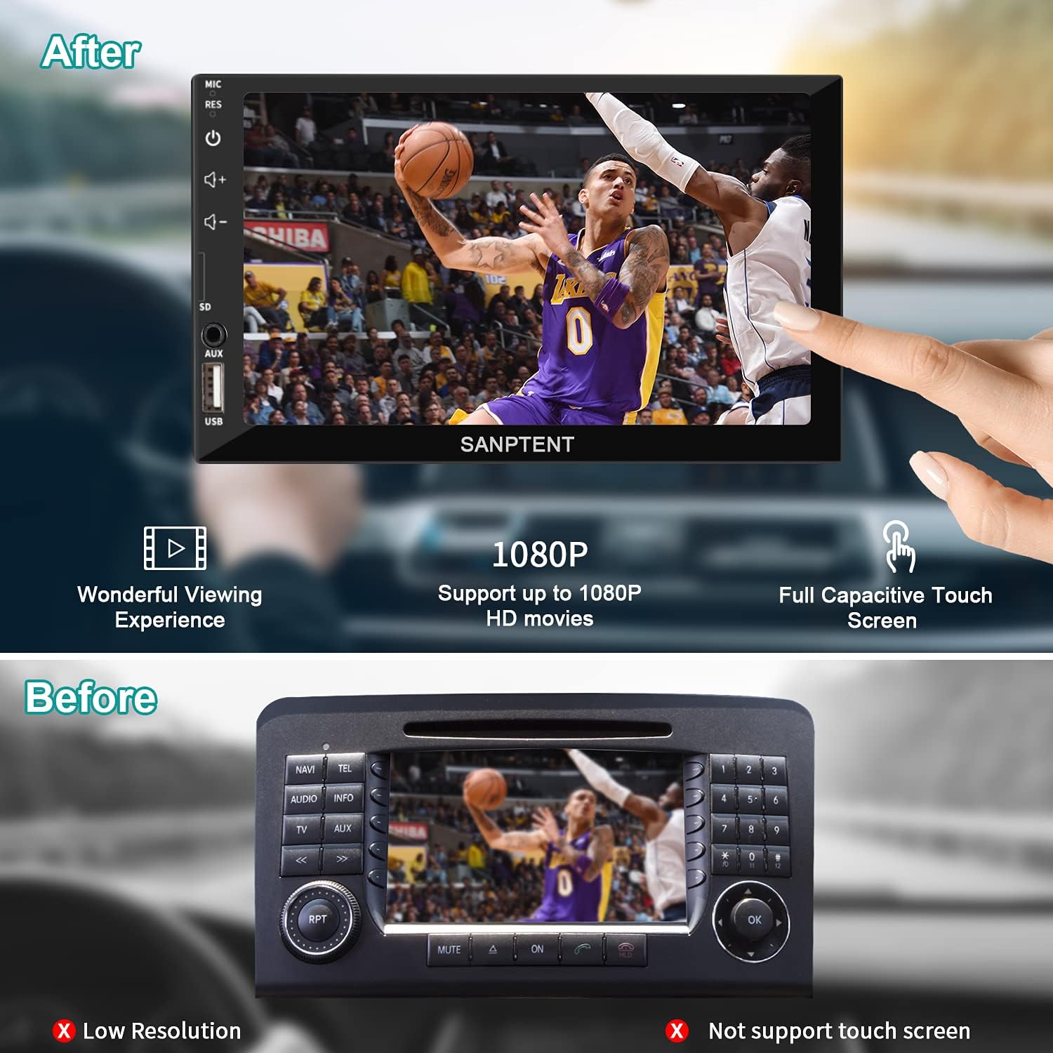 Double Din Car Stereo Radio Audio Receiver Compatible with Carplay, Android Auto, Mirror Link, 7 Inch Full Touchscreen Car Stereo, Front Backup Camera, Bluetooth, USB/TF/AUX Port, A/V Input, FM/AM