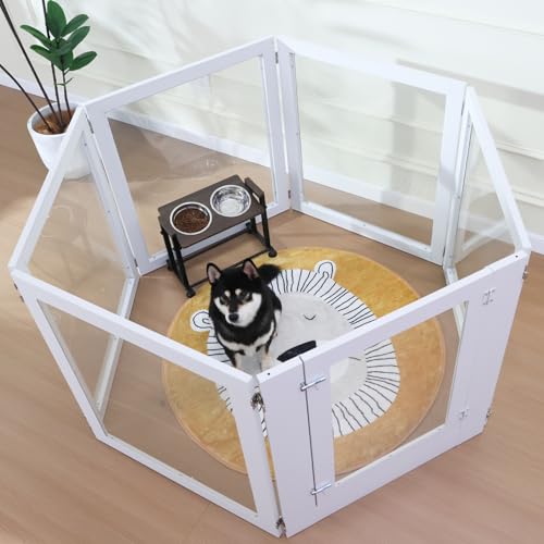 Heavy Duty Clear Acrylic Dog Playpen, Transparent Pet Pen, Metal Frame Easy Assemble Kennel Enclosure, Ideal for Small to Medium Dogs, Cats, and Other Small Pets (White, 6 Panels with Door)