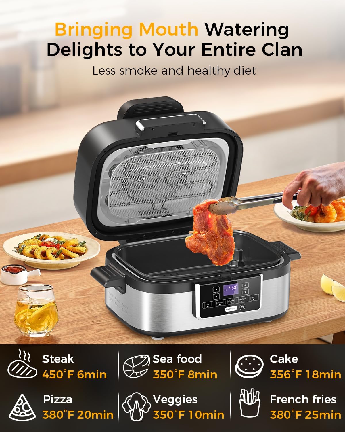Joy Pebble Indoor Grill with Air Fry, 5-IN-1 Electric Smart Air Fryer Grill Combo, Stainless Steel with Air Grill, Air Fryer, Roast, Bake, Dehydrate, Beef & Fries, 5QT Large Capacity Smokeless, Black