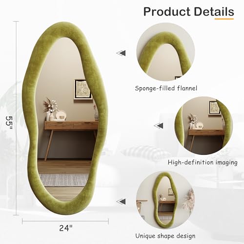 Honyee Full Length Mirror, 63" x 24" Wall Mirror, Flannel Wrapped Wooden Frame Floor Mirror, Irregular Wavy Mirror Hanging or Leaning Against Wall for Cloakroom/Bedroom/Living Room, Milk Tea