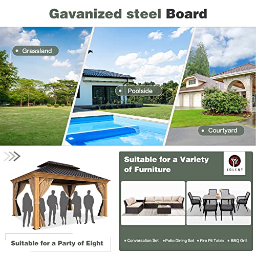 YOLENY 10' x 12' Hardtop Gazebo, Wood-Looking Gazebo with Galvanized Steel Double Roof, Aluminum Frame, Permanent Metal Pavilion with Netting and Curtains for Deck, Backyard, Patio and Lawns