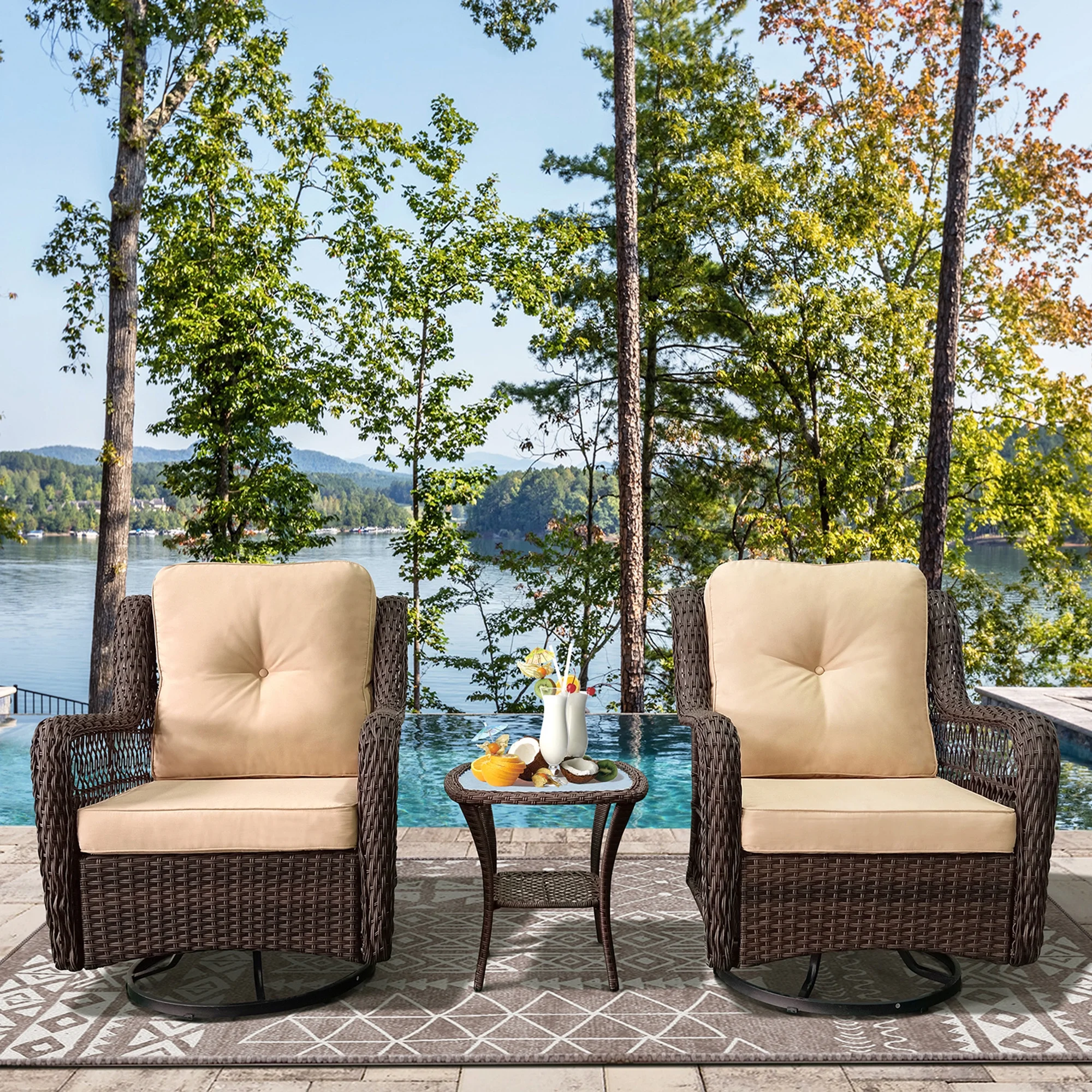 Outdoor Bistro Set 3 Pieces, Outdoor Resin Wicker Swivel Rocker Patio Chair, 360-Degree Swivel Rocking Chairs and Tempered Glass Top Side Coffee Table, Outdoor Rattan Conversation Sets (Khaki) - Curated Treasures Market