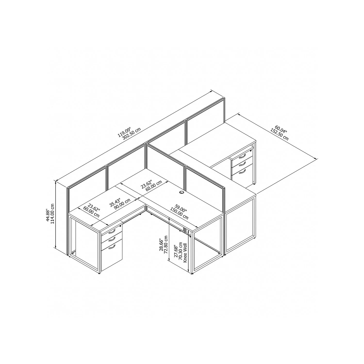 Easy Office 2 Person L Desk with Drawers & 45H Panels in White - Engineered Wood